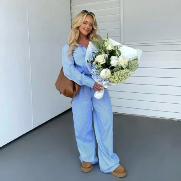 White Fox Boutique Always About Us Striped Button Up Shirt Light Blue Size S/M - Picture 4 of 15